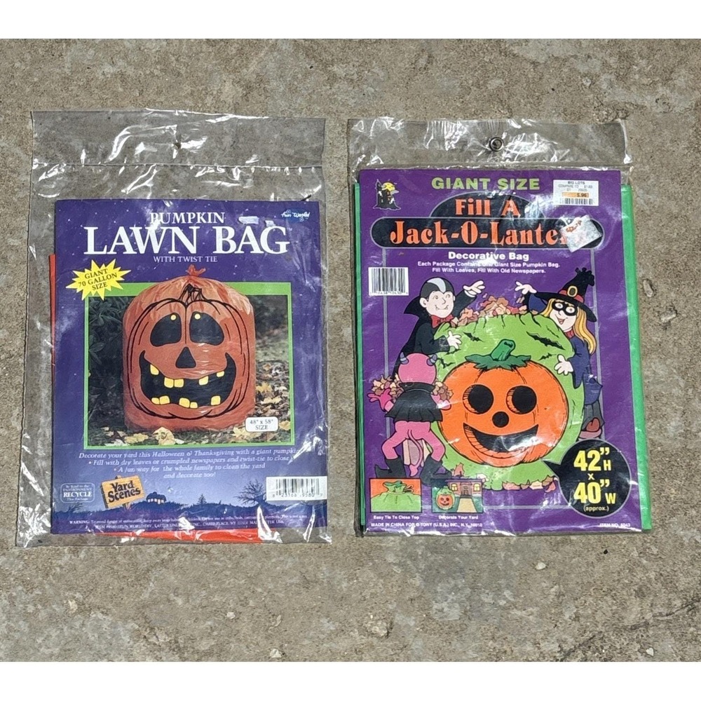 Vtg Lot Of 2 Halloween Pumpkin Leaf Bags Yard Decor Large Sealed Jack O Lantern